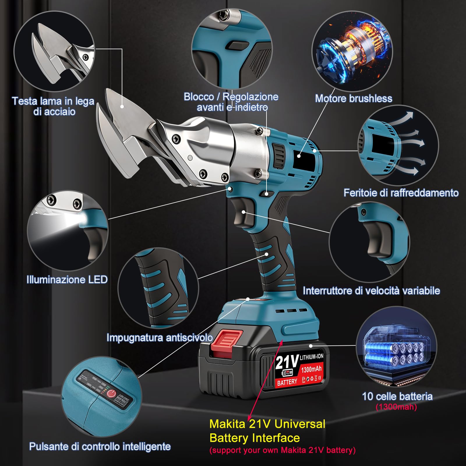 Cesoie A Batteria per Lamiere, Makita21V-Interfaccia Cesoie Elettriche | Motore Brushless da 500W, Lama Orientabile+2 Batterie, per Taglio DIY di Lamiere In Acciaio E Alluminio
