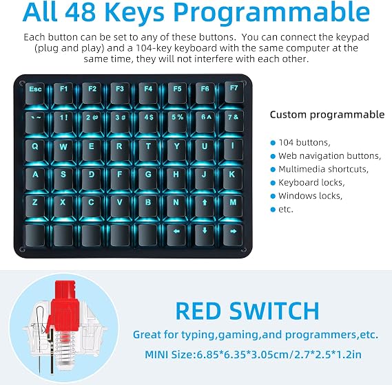 Koolertron Single-Handed Macro Mechanical Keyboard, Blue LED Backlight Portable Single-Handed Mechanical Gaming Keyboard 48 Fully Programmable Keys Red Axis