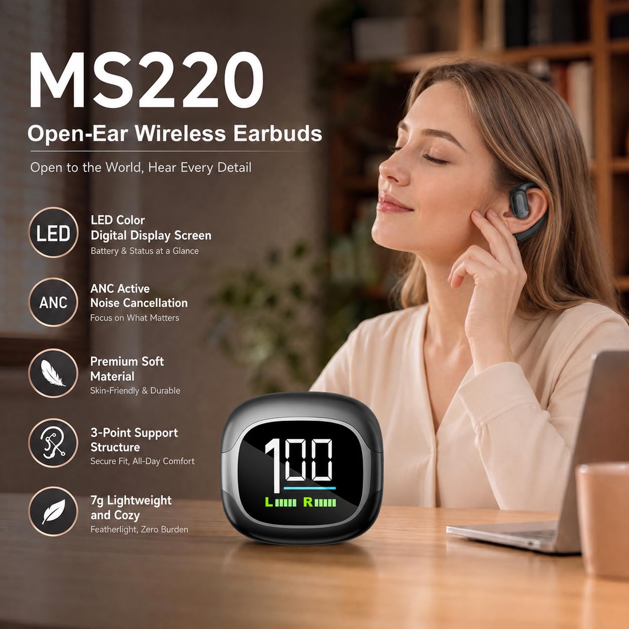 MS220 Open-Ear Bluetooth Kopfhörer mit Ohrbügel und ANC, 30 Std. Akkulaufzeit, LED-Farbdisplay, HiFi Stereo Sound, IPX5, leichte Sport Kopfhörer für Laufen, Training und Pendeln (Schwarz)