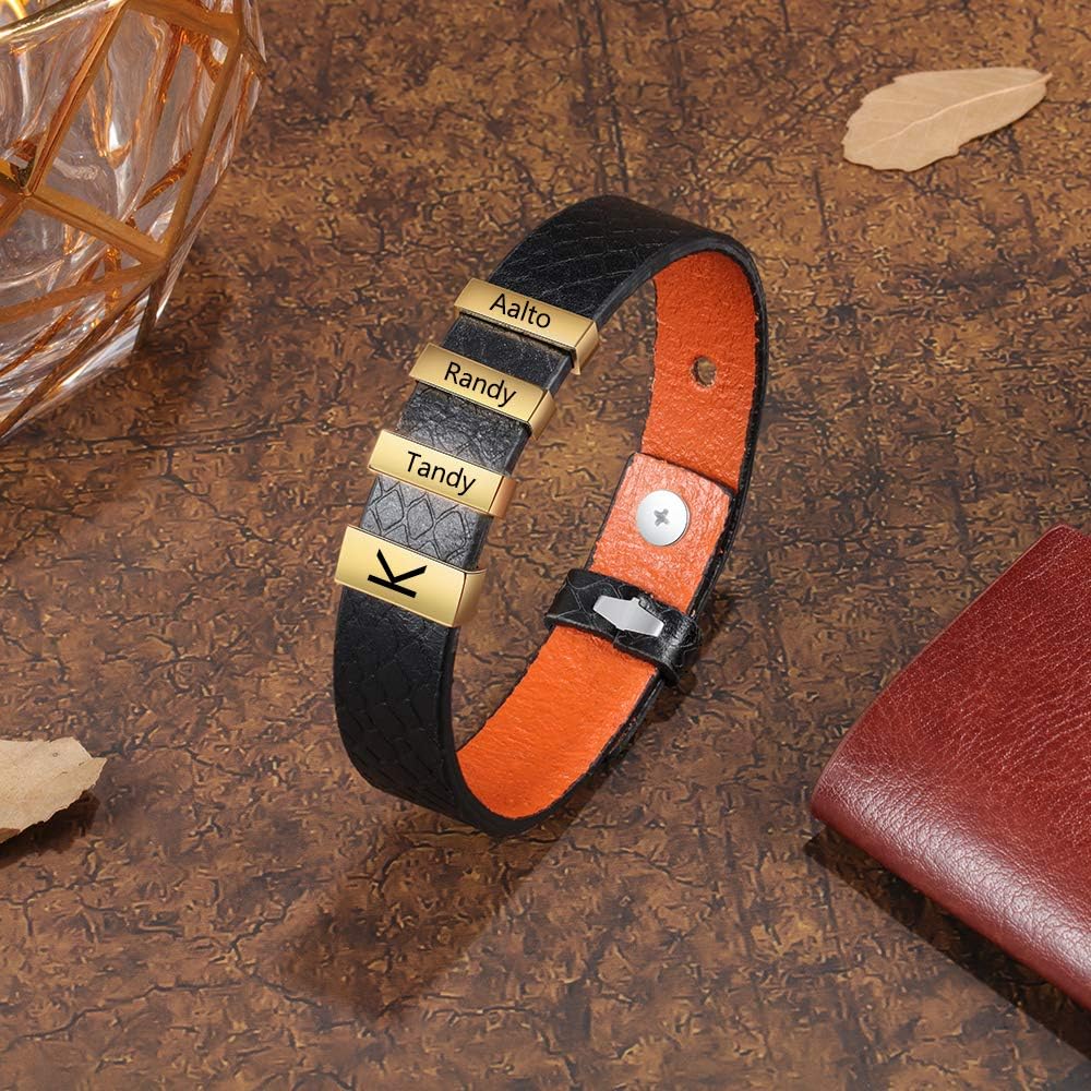 Lovejewelry Personalized Mens Leather Bracelet with Small Custom Beads Free Engraving 2-4 Names Adjustable Bangle Bracelets for Boyfriend