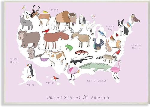 Stupell Industries Placa de pared con mapa de animales salvajes de Estados Unidos, diseño de Carla Daly, 13 x 19 pulgadas, multicolor