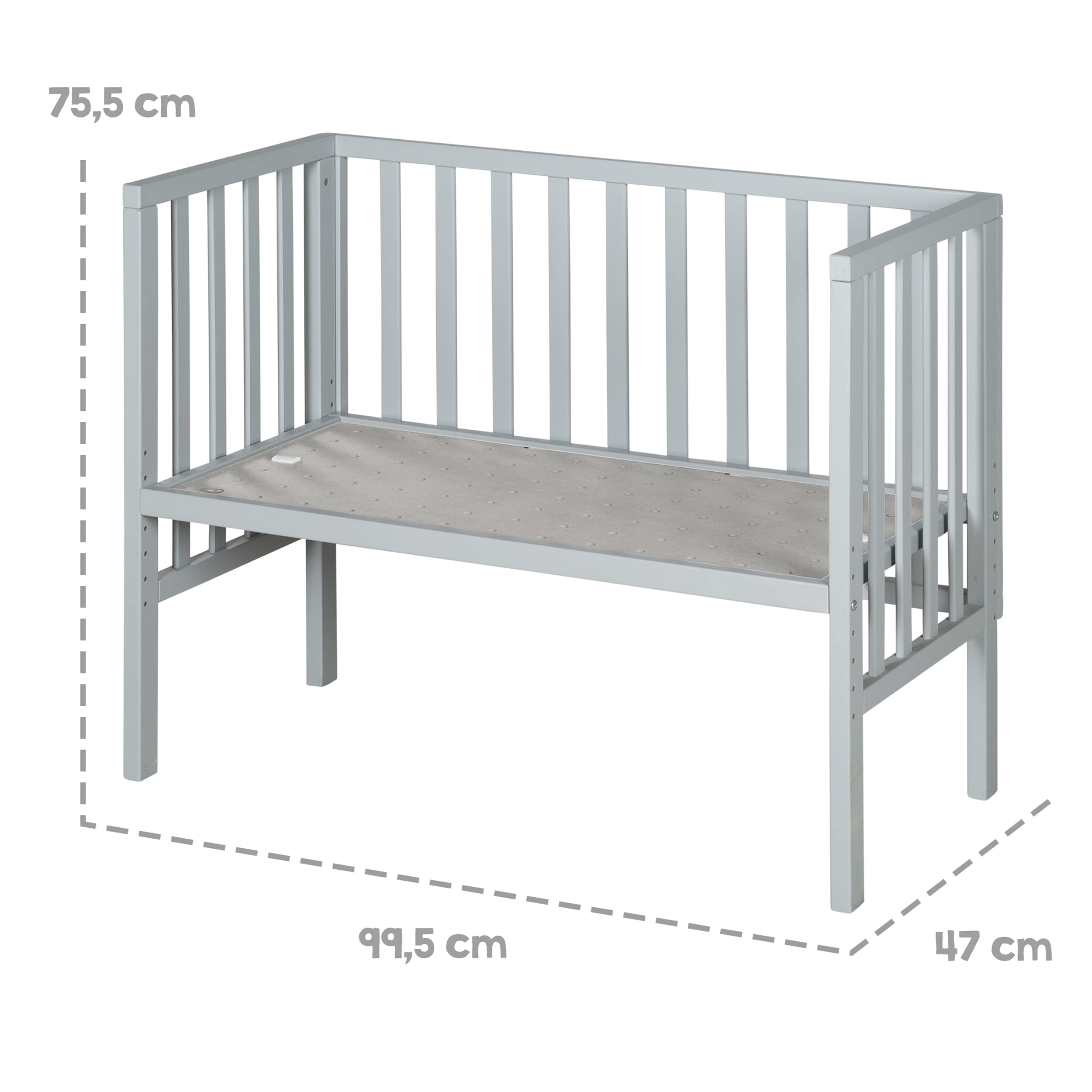 roba Lettino Co-sleeping 2 in 1, Inserto safe asleep 45 x 90 cm e Barriera, Adatto a Tutte le Altezze dei Letti dei Genitori, dalla Nascita, Trasformabile in Panca, Legno Laccato Grigio