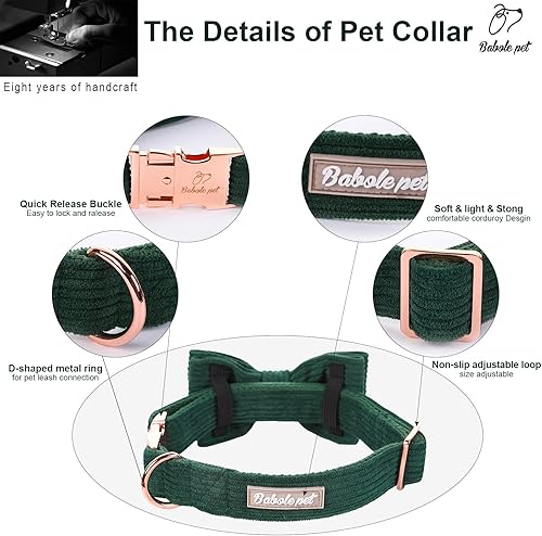 Miniatura 2 de Babole Pet Collares verdes para perros grandes, bonito collar de pana con corbatín y hebilla de metal de seguridad ajustable para perros pequeños,