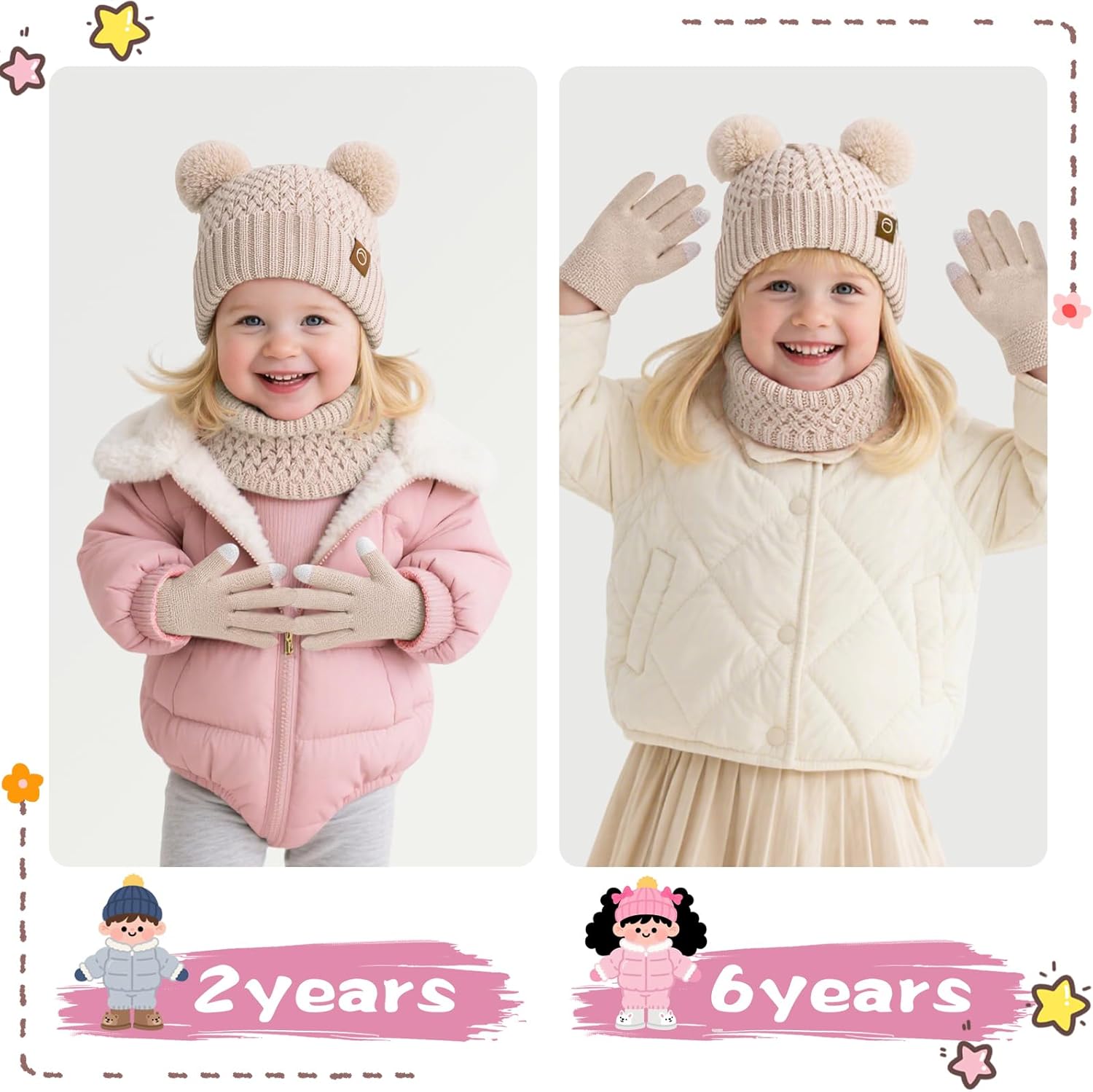 Kids Winter Hat Gloves Scarf Set,Toddler Girls Winter Hat Kids Beanie with Pom Neck Warmer Gaiter Mittens Fleece Lined Set - Image 5