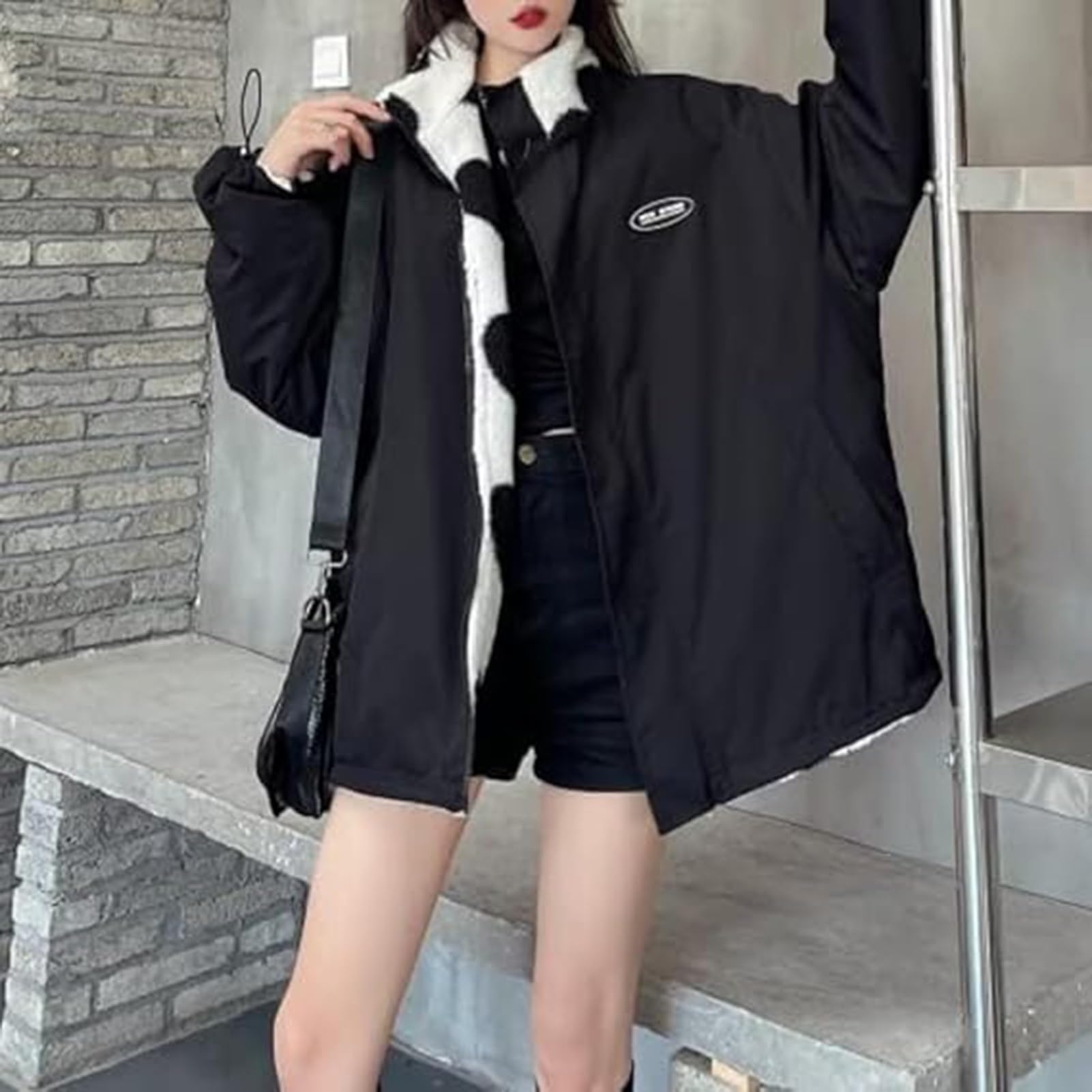 Damen Fleece Sherpa Jacken Reversible Kawaii Herz Print Fuzzy Zip Up Cutecore Mäntel Ästhetische Y2k Gyaru Kleidung