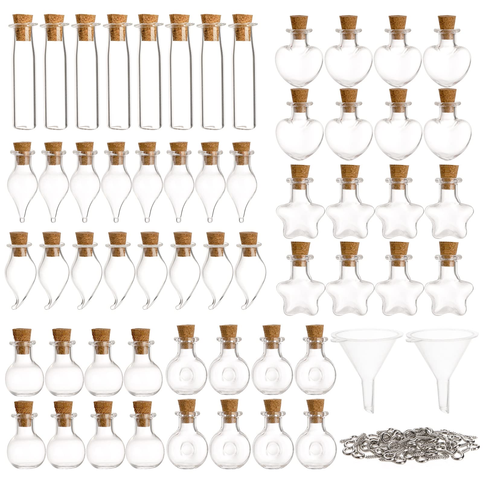 Tosnail 56 Pieces Mini Decorative Glass Bottles with 56 Cork Lids, 56 Eye Screws, Tiny Cork Wishing Bottles, Mini Spell Jars, Small Message Bottle for Wedding, Party, Baby Shower Favors