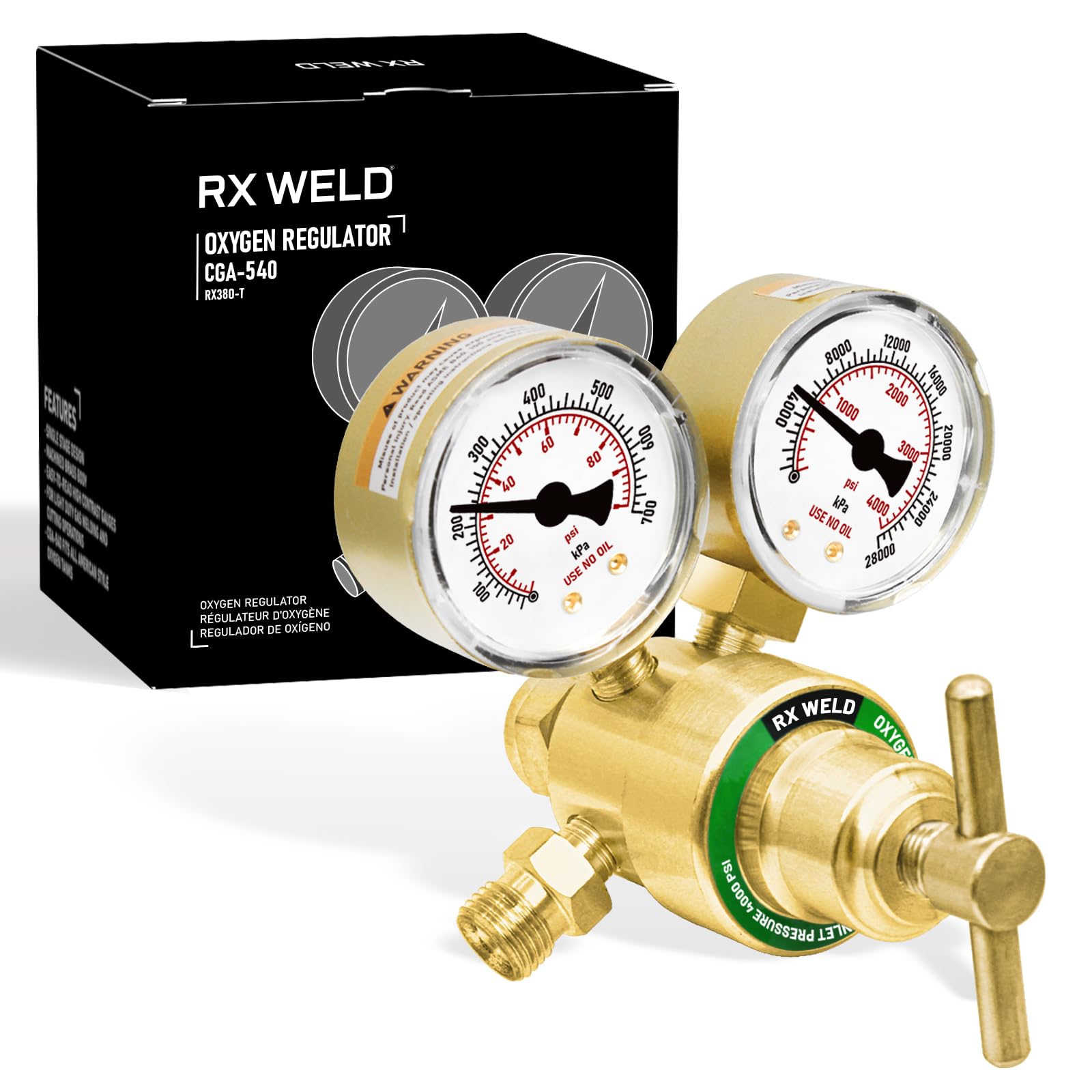 RX WELD Oxygen Regulator Welding Gas Gauges CGA 540 Inlet Oxy for V-Style Torch Cutting Kit, T-Handle