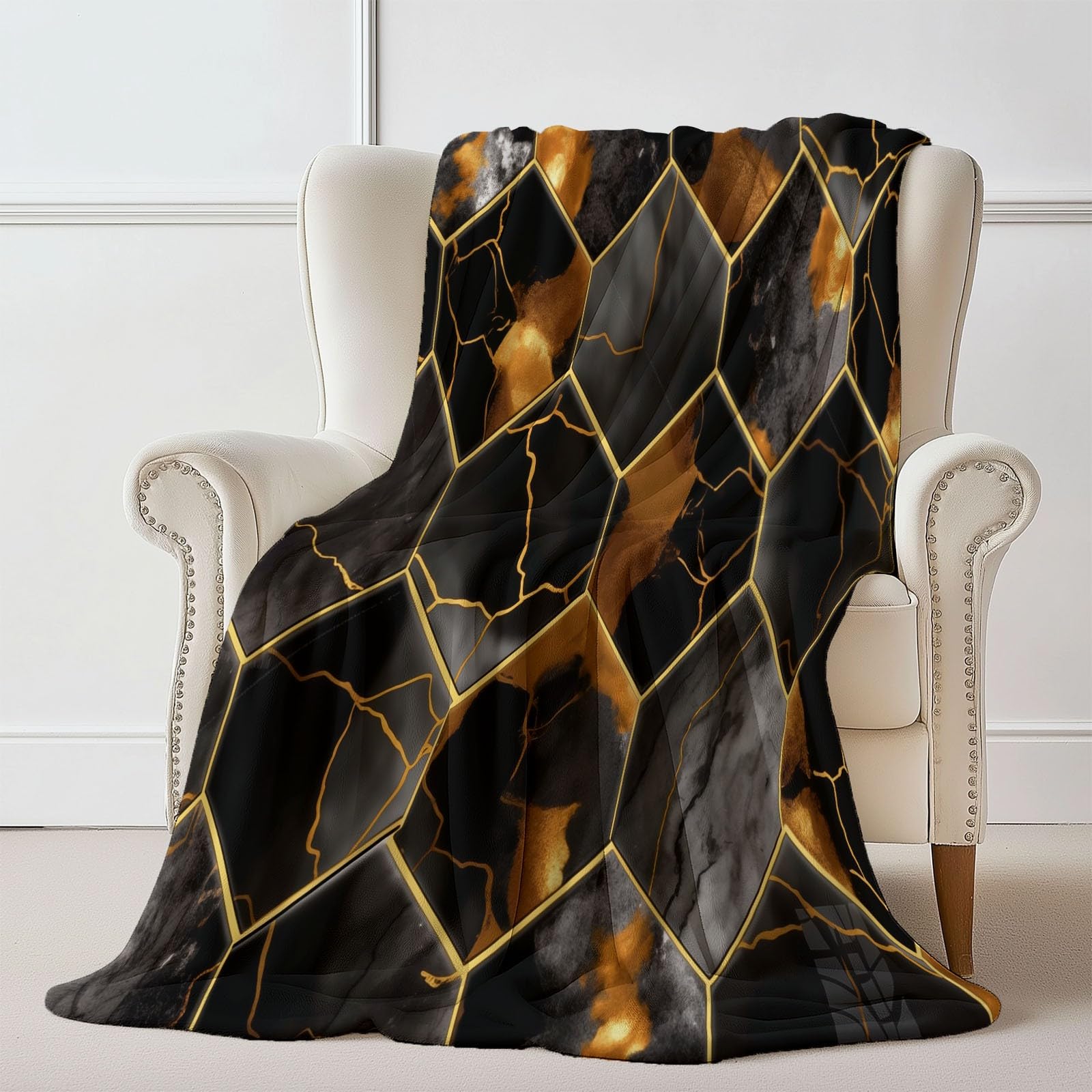 Coperta in pile 200 x 220 cm Eleganti Esagoni Di Lusso, Coperta in pile Nero in flanella per 2 persone, stampati, morbidi e caldi per divano letto