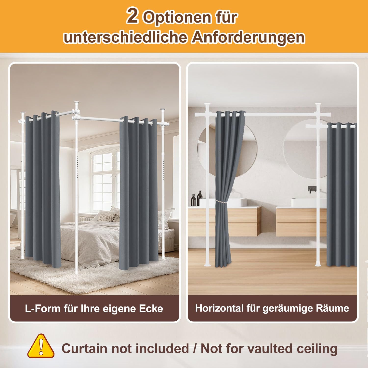 Asta divisoria per tende, senza fori, indipendente, senza tenda, regolabile, altezza 122-320 cm, larghezza 70-355 cm, protezione privacy per soggiorno, bianco