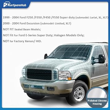 Headlight Assembly W/Bulbs for 1999-2004 Ford Super Duty F250 F350 F450 F550,00-04 Ford Excursion Headlamp Replacement with Bumper Signal Corner Light Halogen Models Only Pair Set