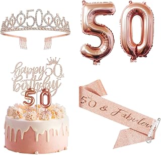 Chris.W 50th Birthday Sash & Rhinestone Tiara Kit, Happy 50th Birthday Party Supplies for Women, 50 & Fabulous Birthday Gifts, Rose Gold Birthday Queen Crown for Women 50th Birthday Party Decorations