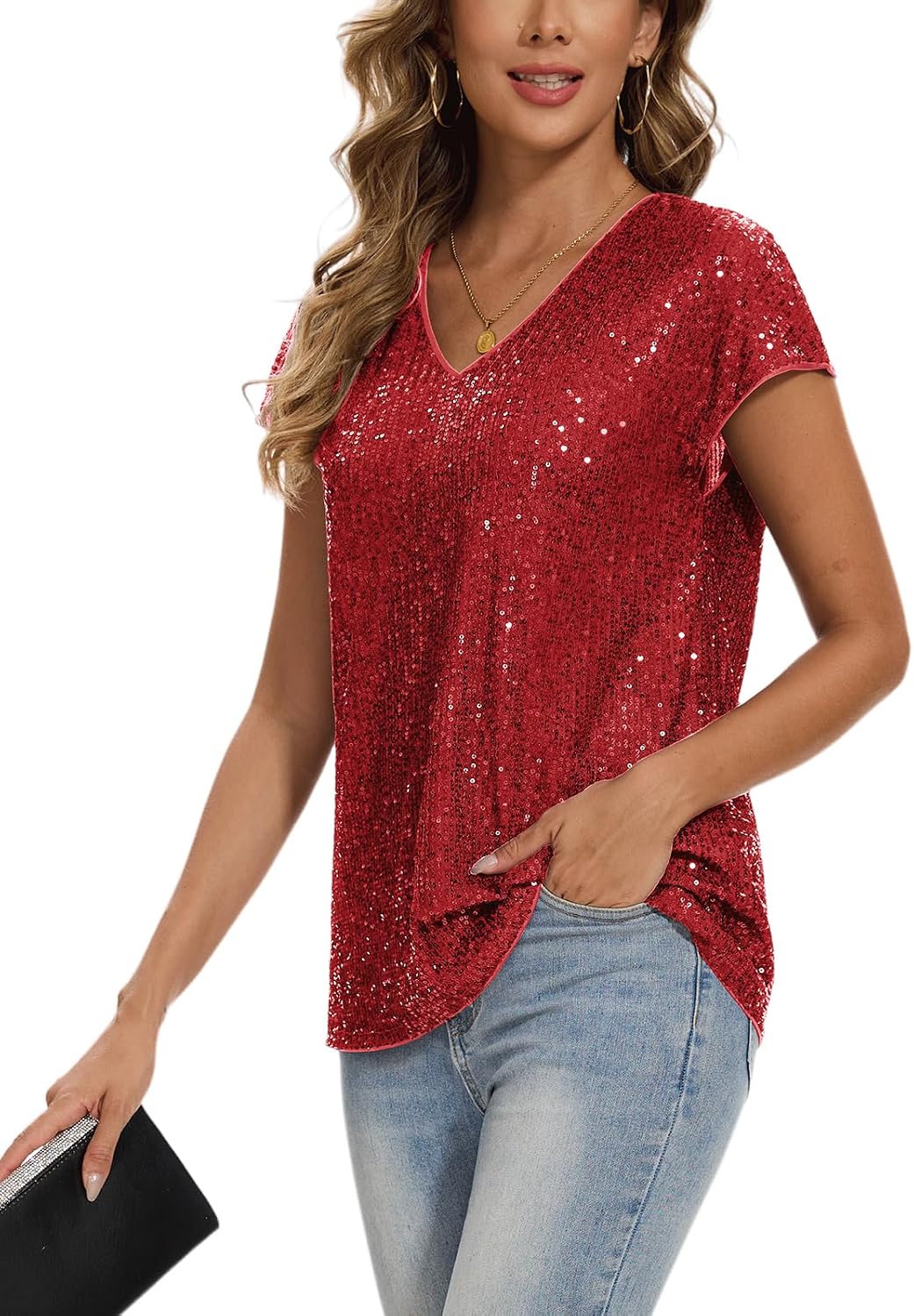 Women's Sparkly Sequin Tops Cap Sleeve Glitter Dressy Blouses V-Neck Club Party Tops