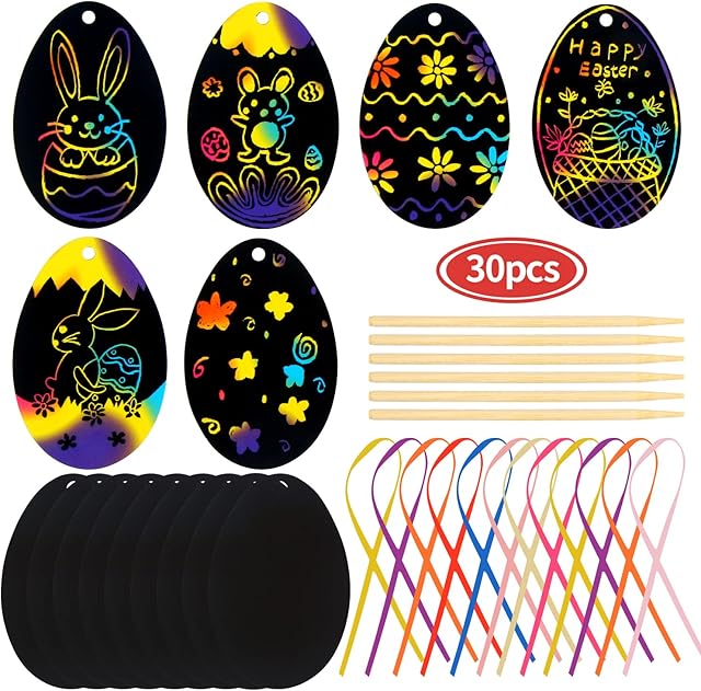 VEYLIN 30 Pieces Easter Scratch Art Egg Decorations, Easter Scratch Papers with Ribbons for Kids Party Bag Fillers