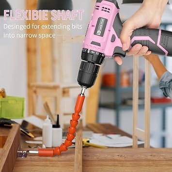 FADAKWALT 12V Cordless Drill with 21+1 Torque Setting, 3/8'' Keyless Chuck, LED, Includes Driver/Drill Bits & Battery/Charger (Pale Pink)