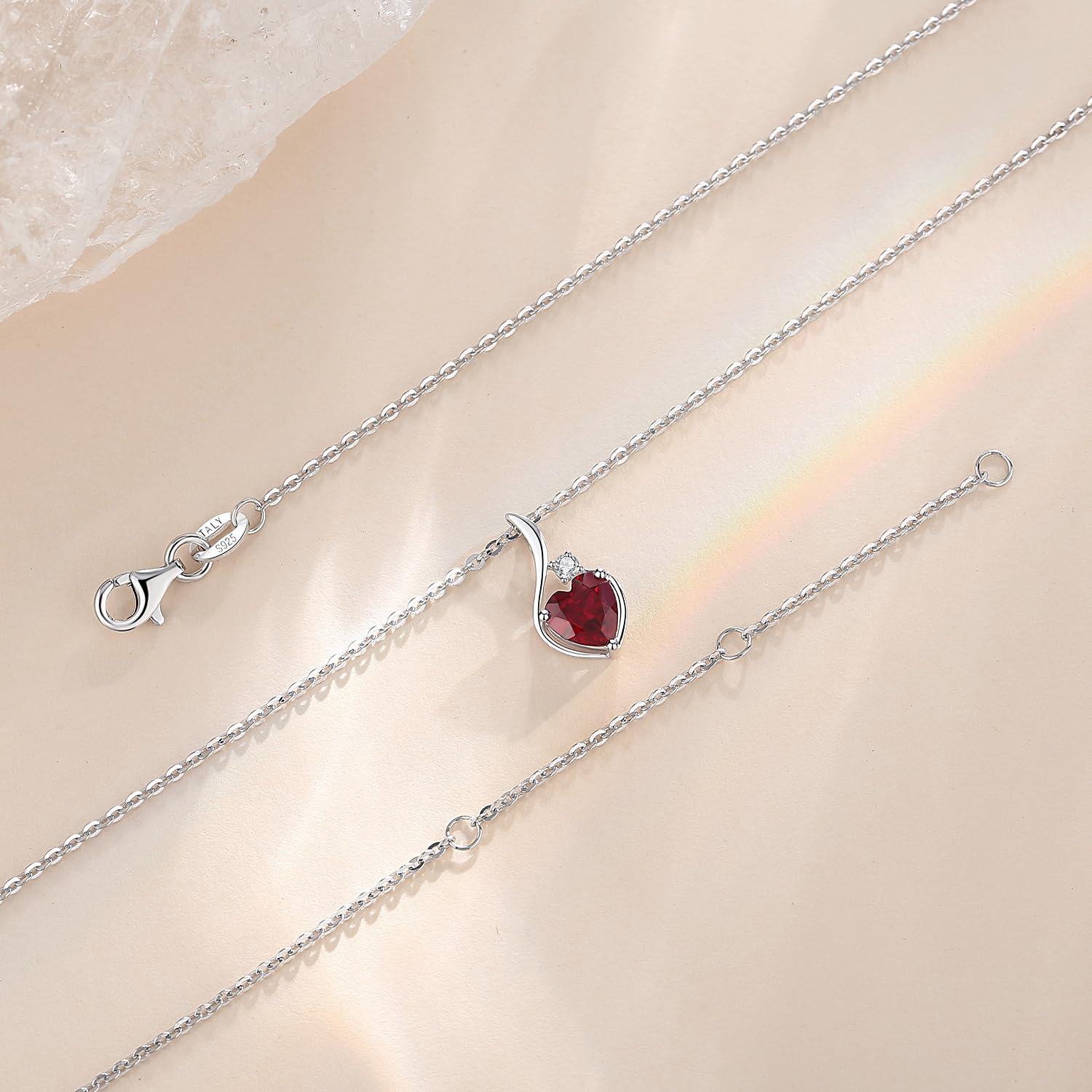 FANCIME Solide 14 Karat 585 Weiß Gold Anhänger Kette mit Herz Geburtsstein und 0.032ct echt Diamant, Feine Geschenk Schmuck für Damen Mädchen, 925 Silber Kette: 40 + 5 cm