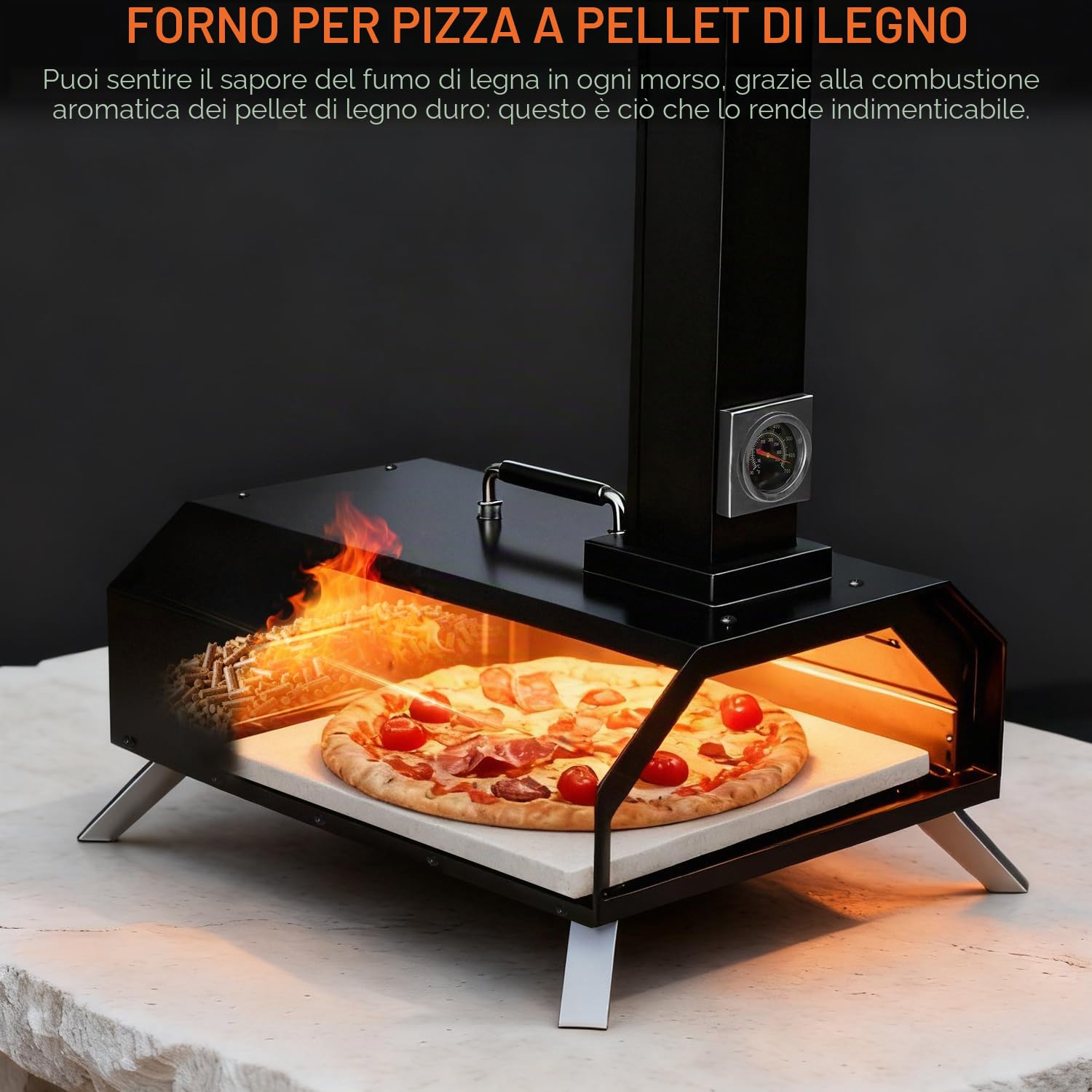 Forno per pizza a pellet di legno pieghevole portatile, 28cm | per uso esterno, termometro integrato e pietra quadrata per pizza, ideale per campeggio, cortile, patio, giardino e feste