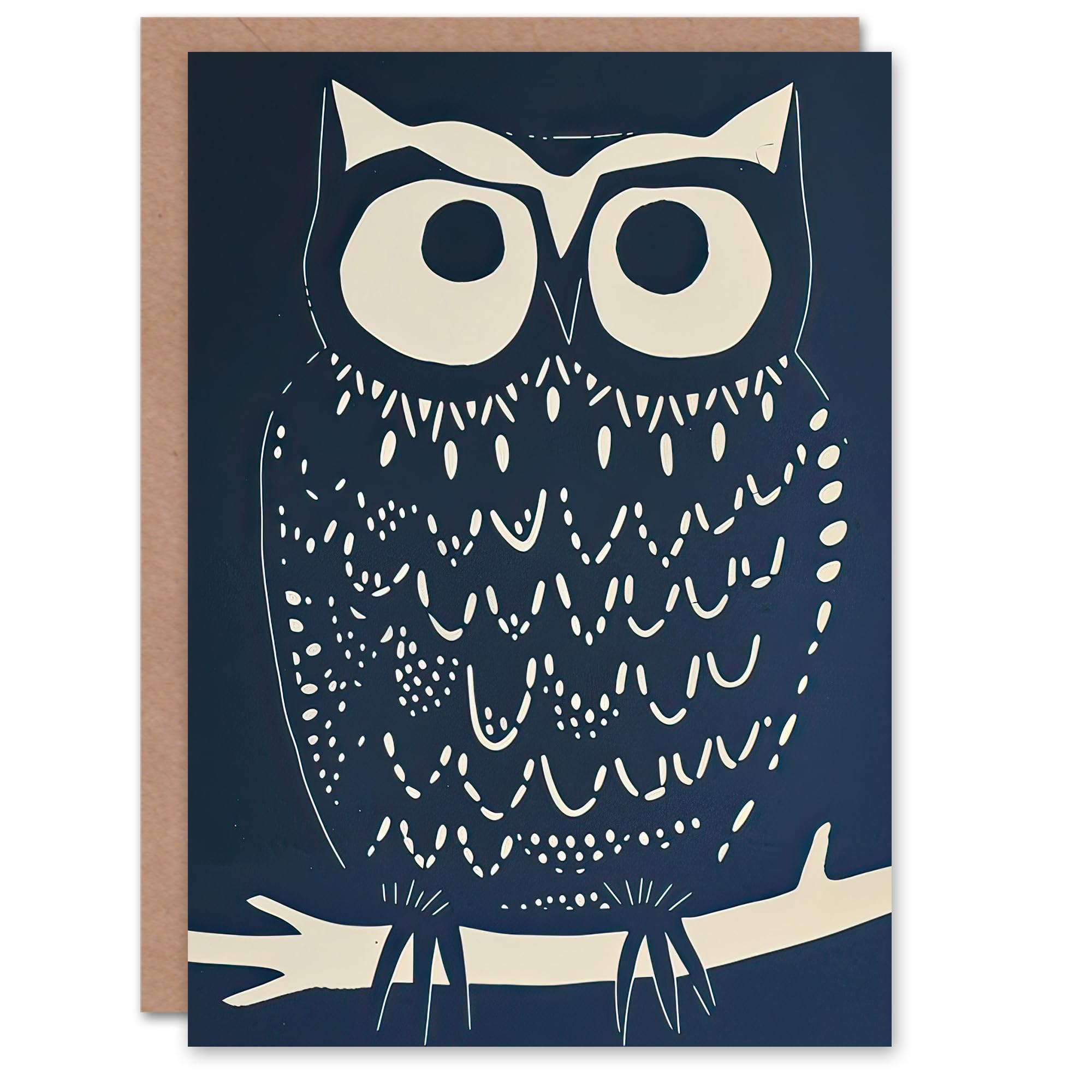 Artery8 Greeting Card Owl Bird Simple White Blue Block Print Design Blank For Him Or Her Art Birthday Card