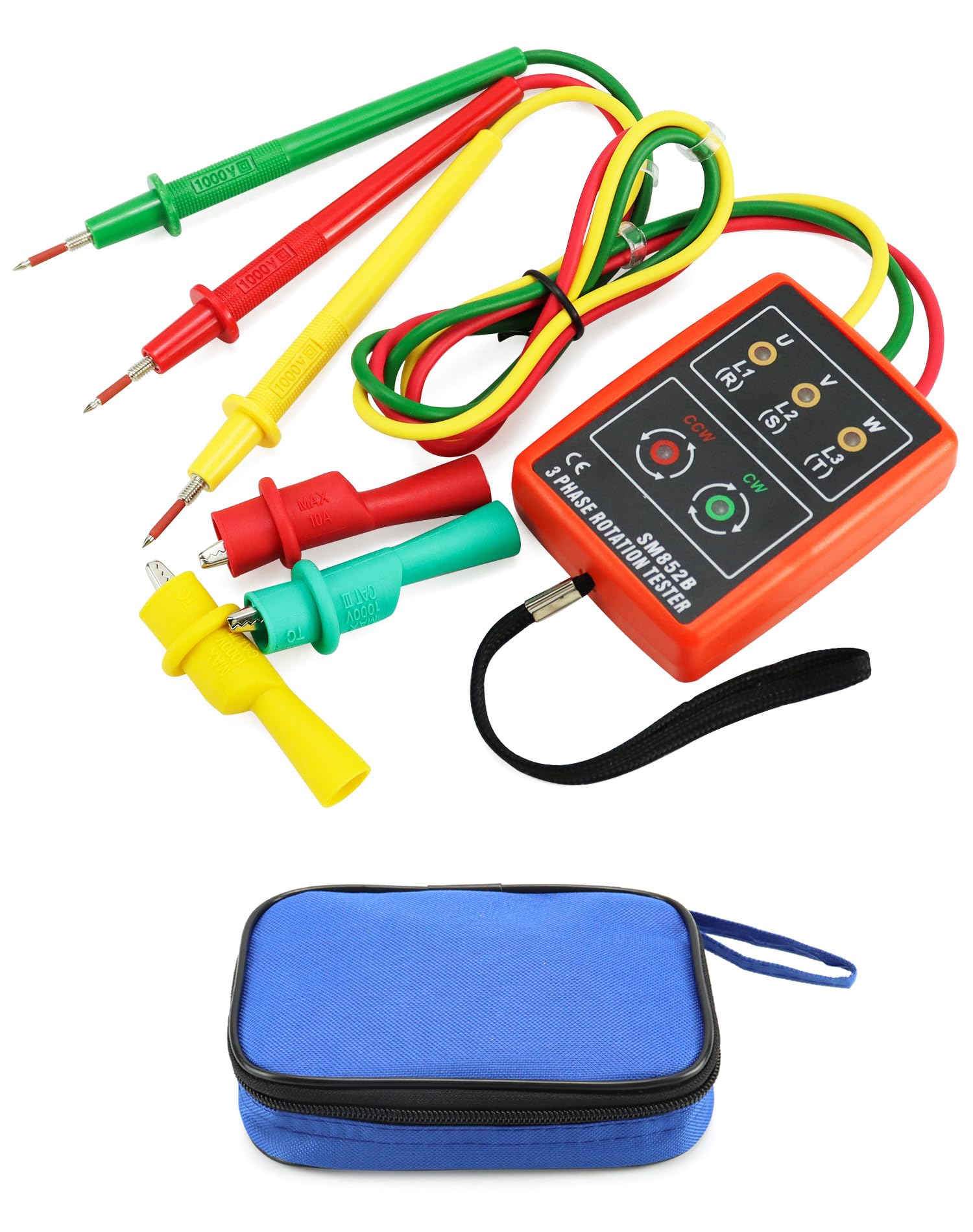 QWORK® Probador de fase, dispositivo de medición de campo giratorio para 3 fases, 60 V ~ 600 V CA, 20-400 Hz, con probador de zumbador y pinzas de cocodrilo