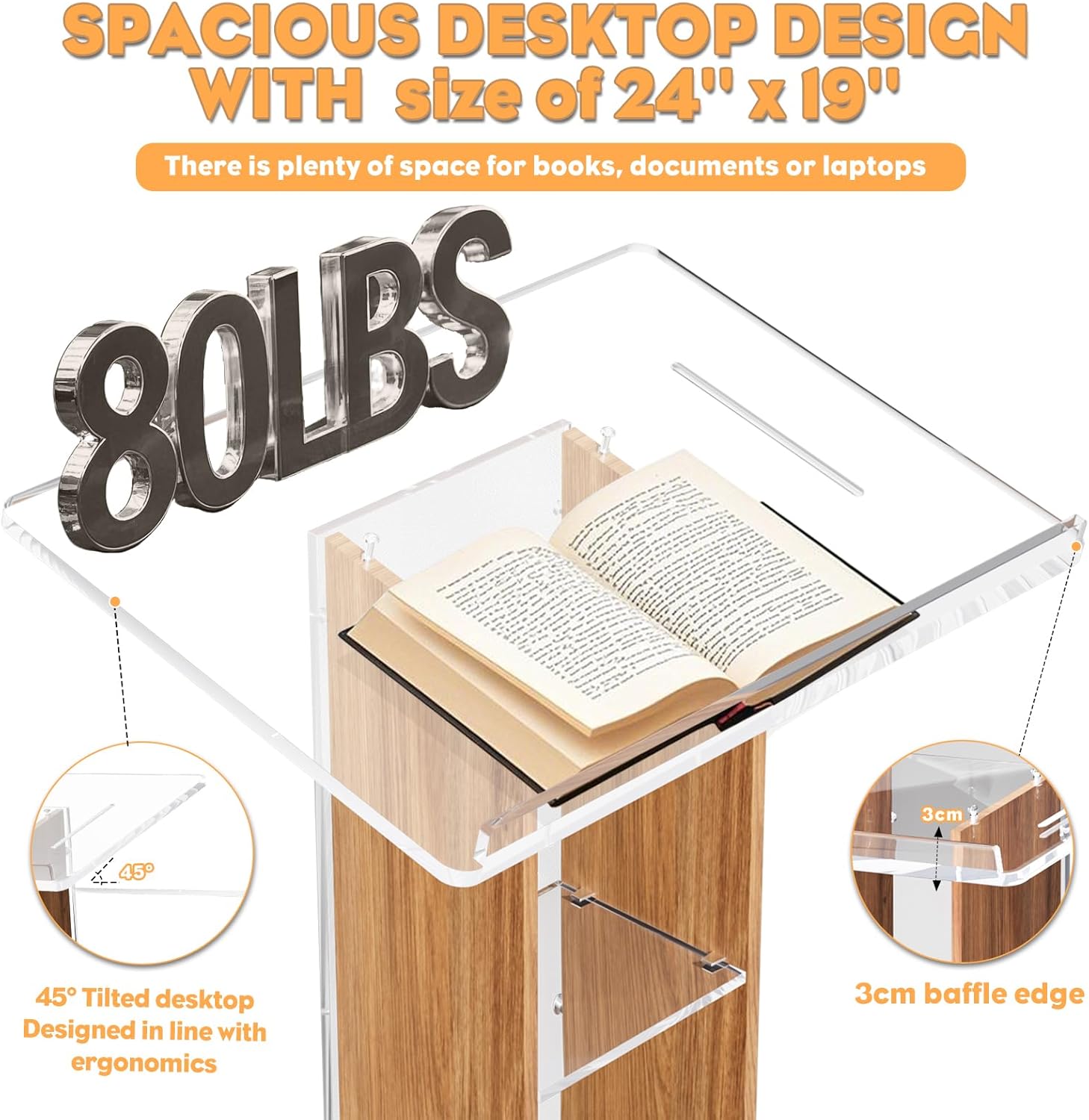 Acrylic Podium with Wooden Frame, Frosted Pulpitos Para Iglesias with 4 Lockable Wheels, Church Pulpit Wood Podium, Portable Lectern for Churches, Wedding, Speech, Classroom, Conference (Frosted)