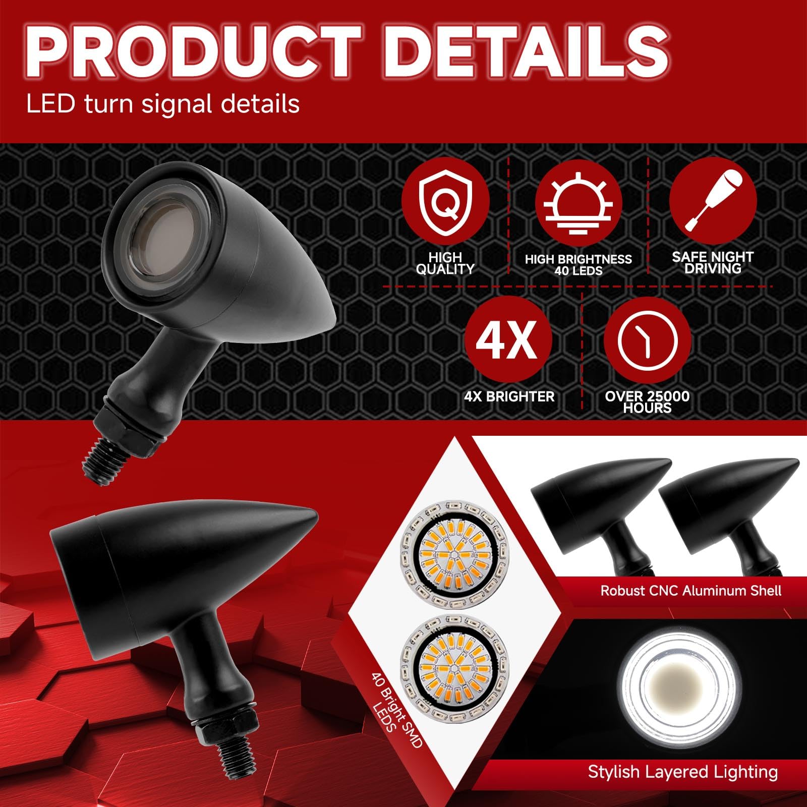DREAMIZER LED Frecce Moto, CNC Indicatore 12V Universale per Scooter, Ambra & Bianca Luce Compatibile con Harley Honda Kawasaki Suzuki Triumph Yamaha, 2 Pezzi