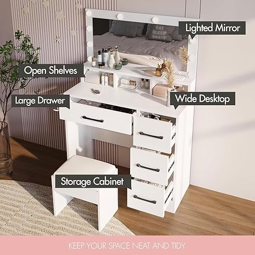 Miniatura 2 de CCF Escritorio grande con espejo de tocador con 4 cajones, escritorio de tocador de maquillaje y silla, escritorio de tocador de maquillaje