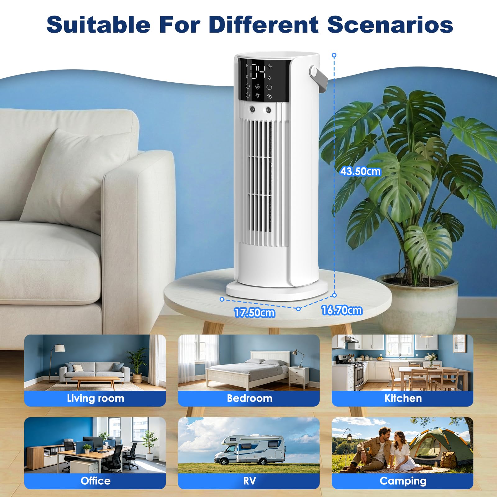 Aire Acondicionado Portátil Sin Tubo Exterior, 4 en 1 Ventilador Refrigeración, 3 Niveles de Velocidad, Función de Nebulización, Oscilación de 90°, Pantalla LED, con Mando a Distancia (Blanco)