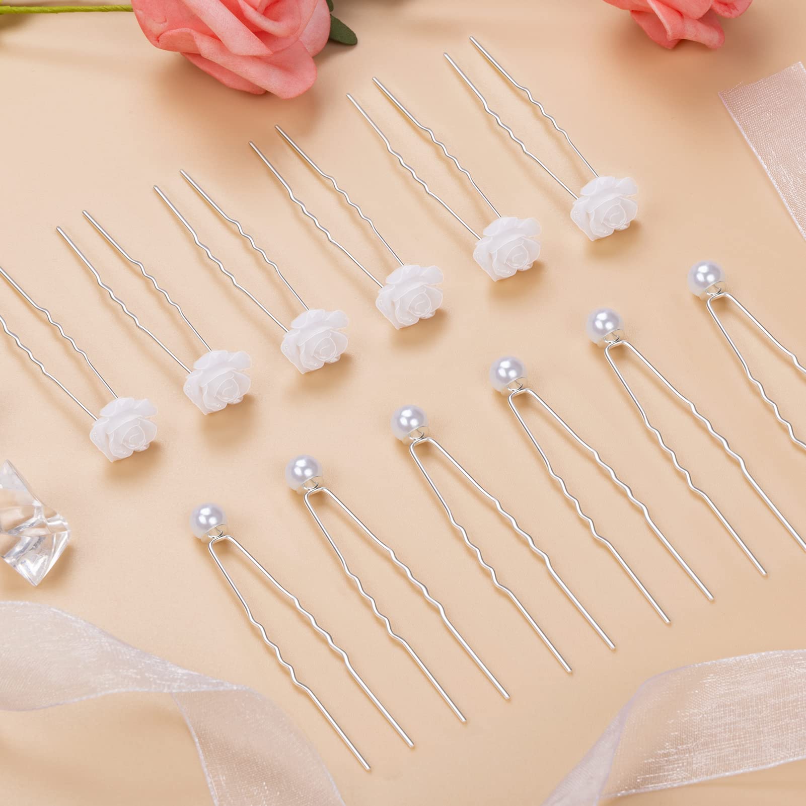 25 Pezzi Forcine per Capelli Sposa, Accessori Capelli Sposa Forcine per Capelli di Rosa Bianca Perla, Capelli con Perlé a Forma di U per Matrimoni, Spose, Damigelle, Anniversari e Comunione