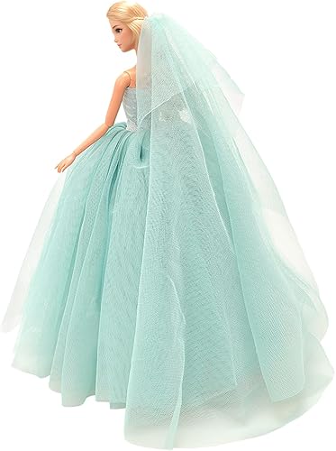 Miniatura 5 de BARWA Vestido de novia azul claro con velo Fiesta de noche Princesa Vestido azul claro para muñeca de niña de 11.5 pulgadas