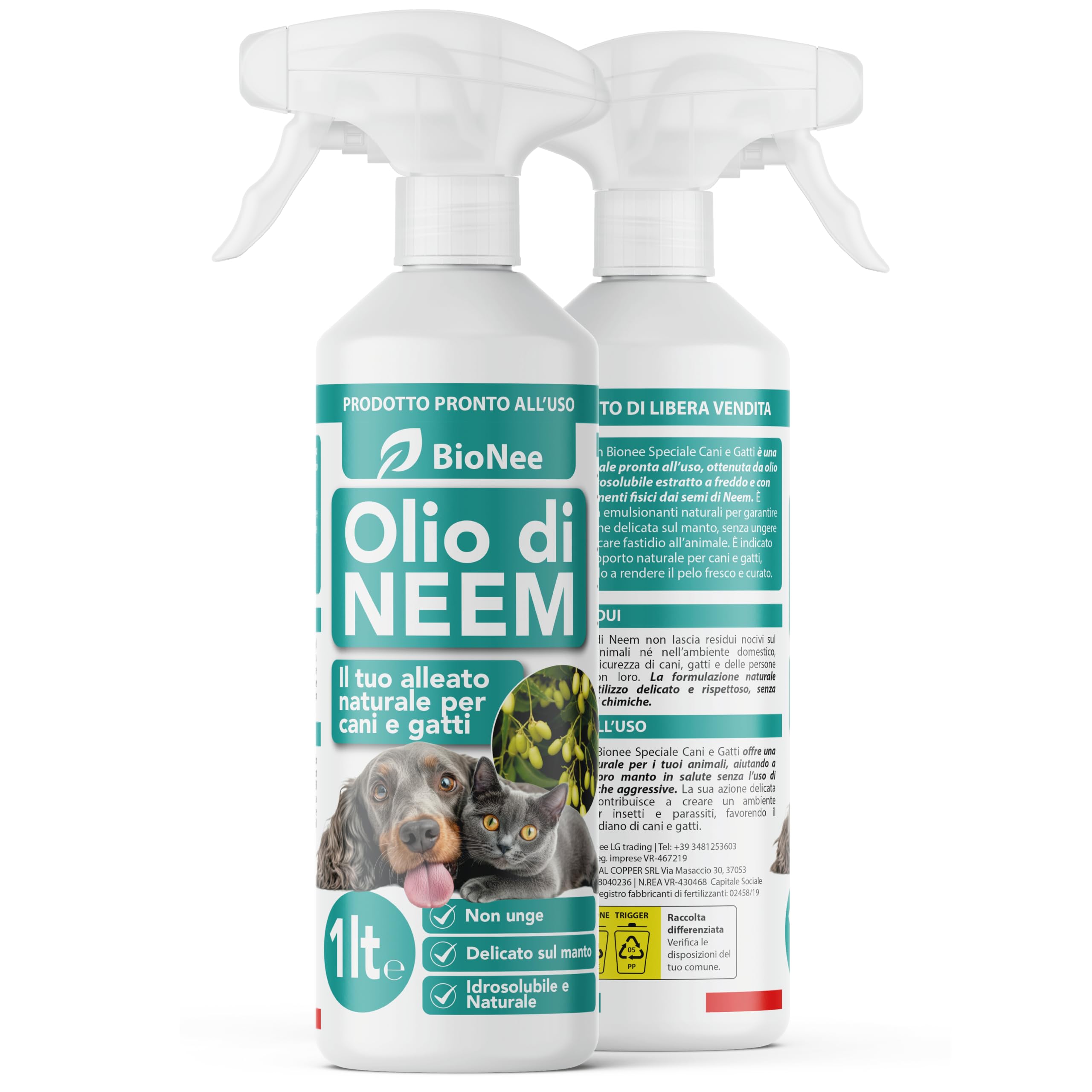 Huile de Neem pour Chiens et Chats Spray 1 L - Hydrosoluble, Naturel, Non Graisse - Action Délicate, Effet Barrière Dégoûté à Tiques Chiques Moustiques Insectes
