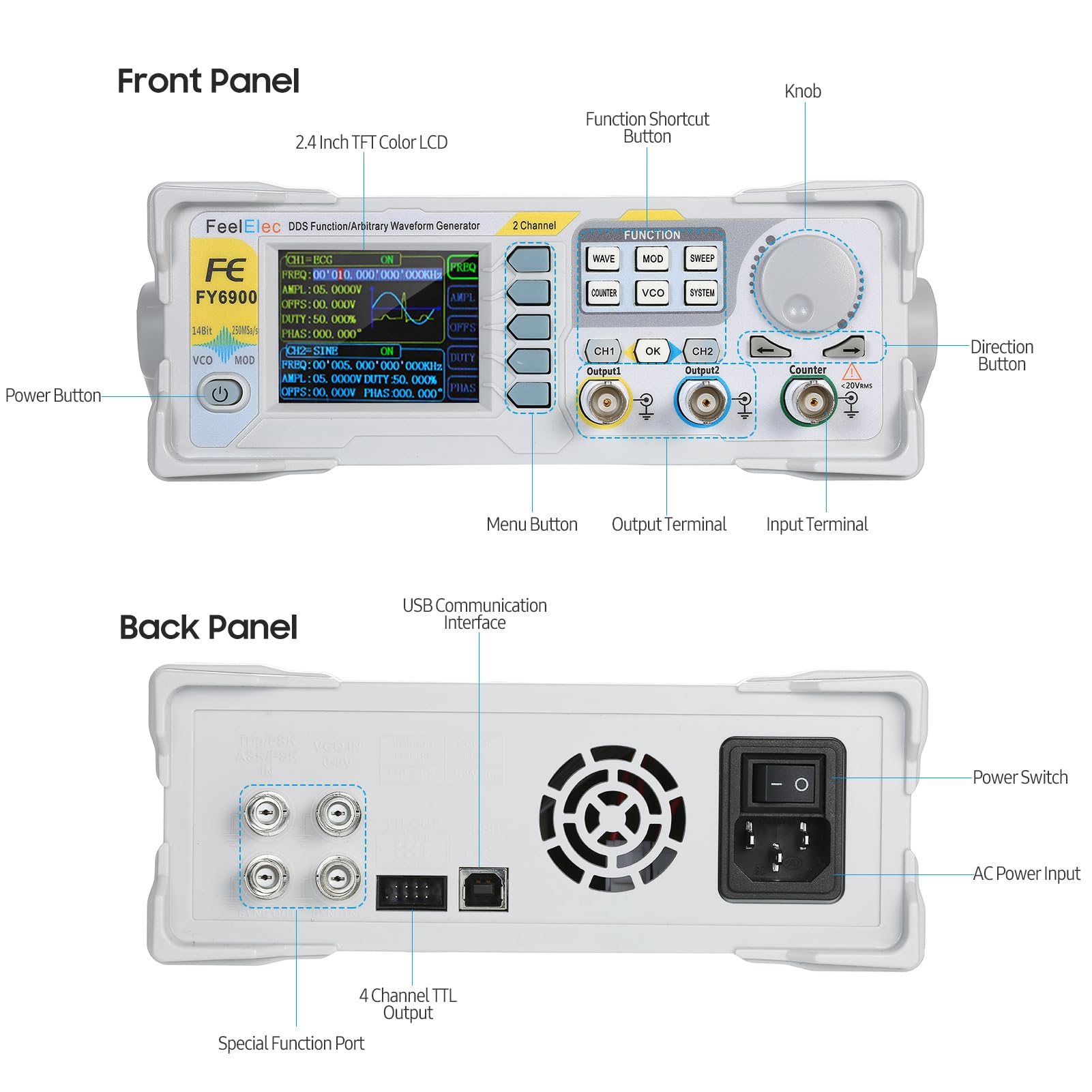 Fafeicy Generatore di Segnale DDS da 60 MHz, Generatore di Forme D'onda Arbitrarie con Funzione a Doppio Canale Ad Alta Precisione con LCD TFT da 2,4 Pollici, Modulazione AM FM (Spina europea