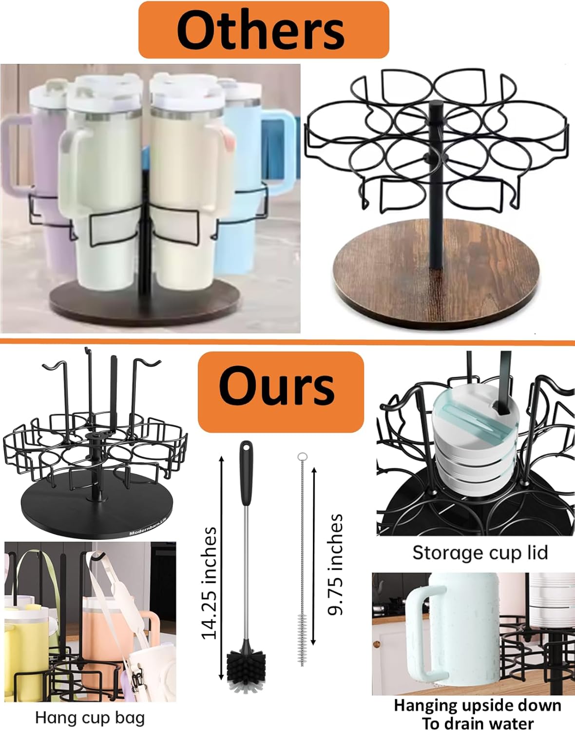 Water Bottle Organizer for Cabinet or Counter - Rotating Non-Slip Tumbler Organizer Holder for Stanley 40 Oz Cup with Handle - 2-In-1 Tumbler Display Storage Rack & Water Bottle Drying Rack - Black - Image 2