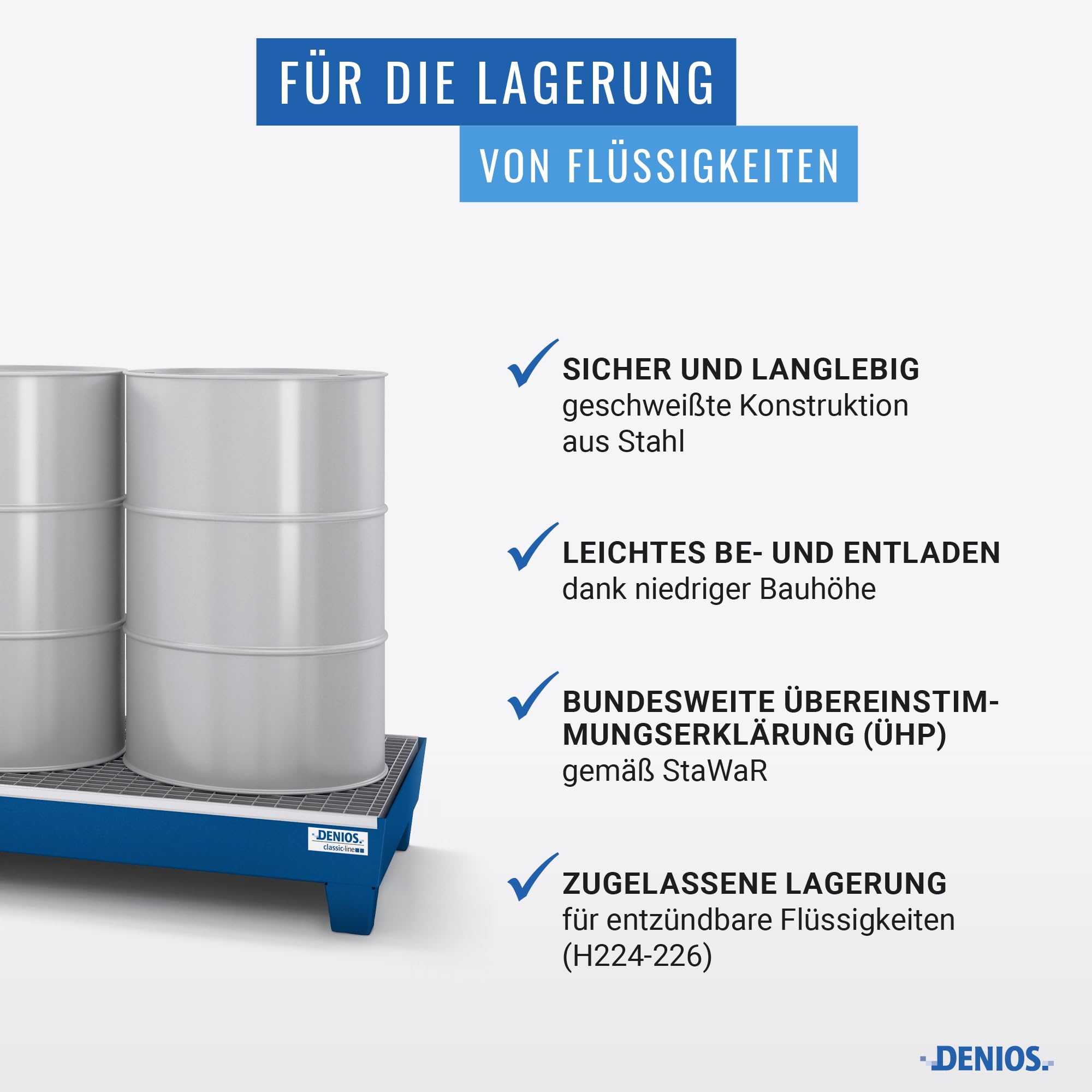 Auffangwanne classic-line aus Stahl für 4 Fässer, lackiert, unterfahrbar, m. Gitterrost,816x2470x250