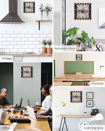 Miniatura 4 de Reloj de pared silencioso sin tictac, reloj de pared cuadrado de 10 pulgadas, funciona con pilas, reloj de pared vintage con bandera estadounidense