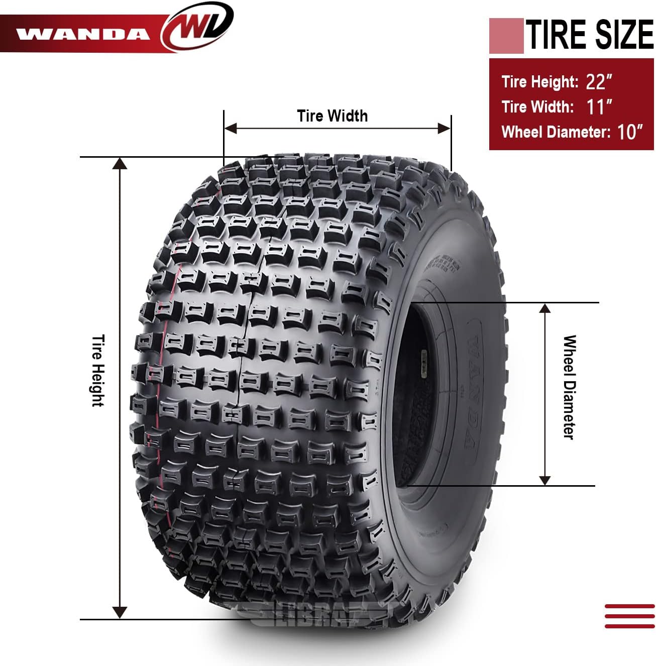WANDA Set of 4 New ATV Tires 22X11-10 4PR P322 Dimple Knobby - 10030