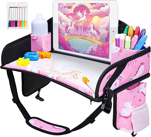 Bandeja de viaje para niños, bandeja de asiento de automóvil para niños, artículos esenciales de viaje por carretera con kit de dibujo, organizador