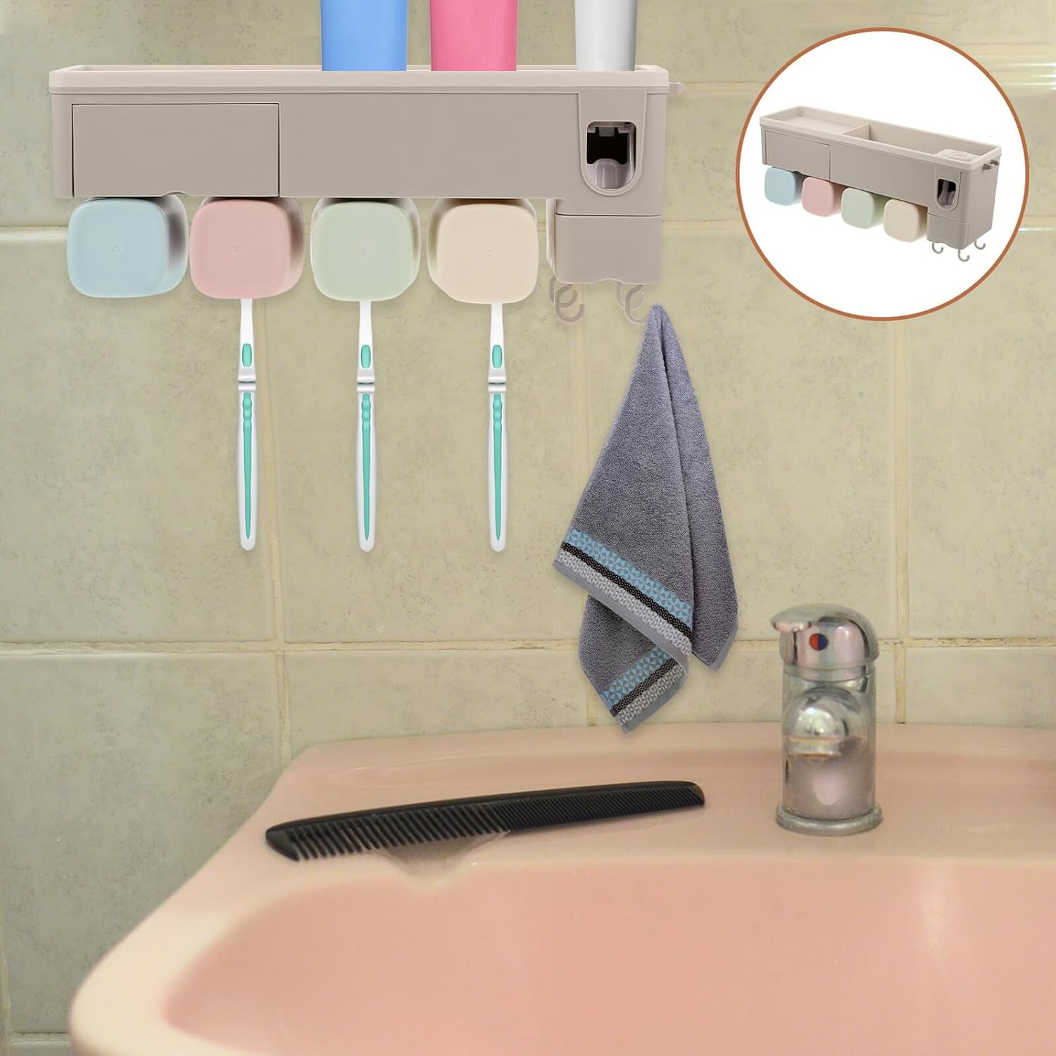 Wall-Mounted Automatic Toothpaste Squeezer and Toothbrush Holder Organizer Stand for Bathroom Space-Saving Multi-Functional Storage Rack with Razor Compartment Simple-Clean Design