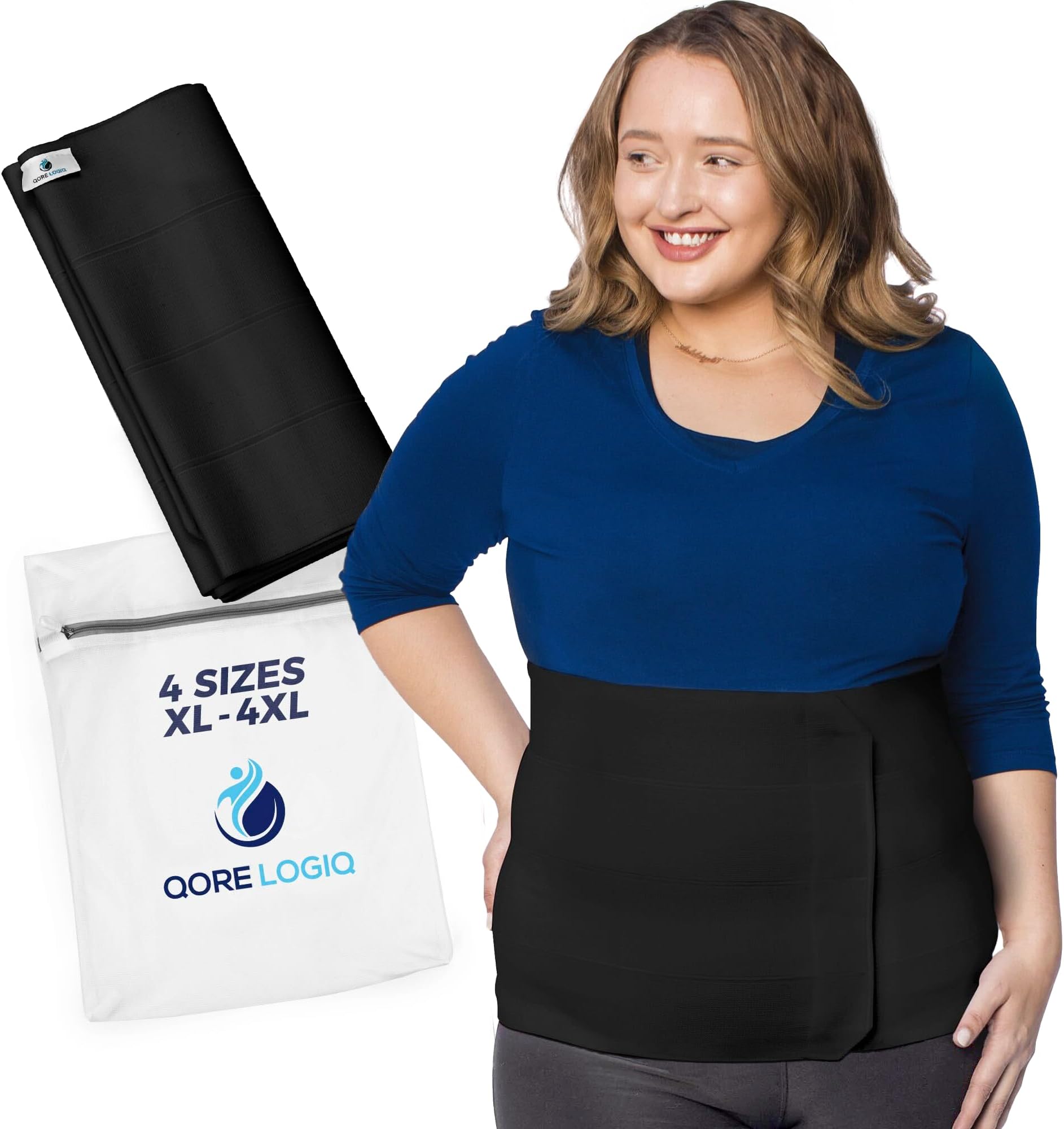 QORE LOGIQ Plus Size Abdominal Binder Post Surgery for larger Men + Women - Postpartum Belly Band - Compression Garment - Hernia Belt For Men + Woman - C Section Belly Binder - Adjustable (Black 4XL)