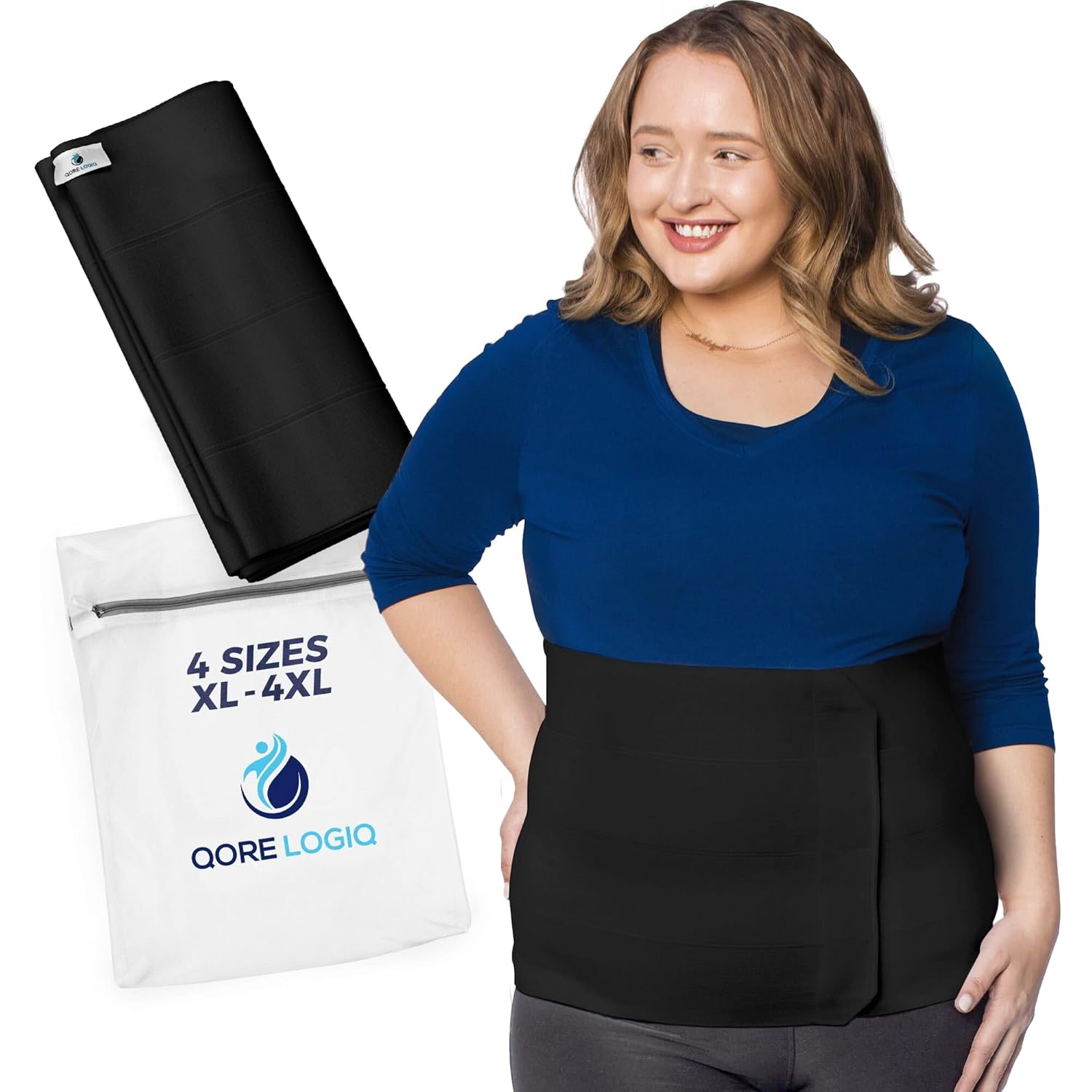 QORE LOGIQ Plus Size Abdominal Binder Post Surgery – C Section Belly Binder, Postpartum Belly Band, Adjustable 12″ Compression Wrap for Stomach & Hernia Belt, Black 4XL (Black, XXXX-Large)