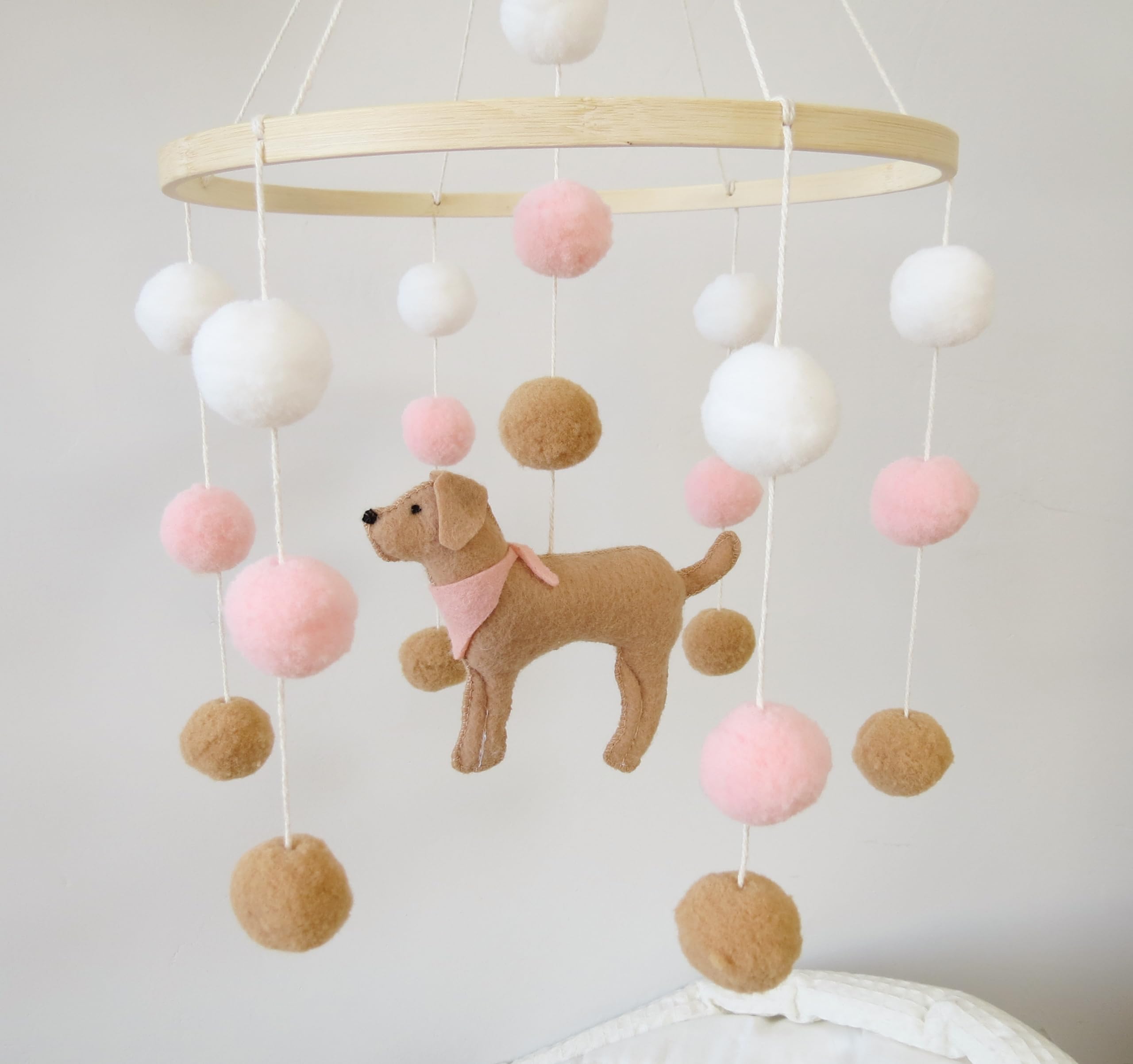Baby Crib Mobile for Girls Boys Dog Theme Baby Mobile for Crib Mobile for Bassinet with Felt Ball, Pink