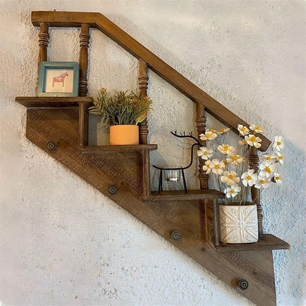 Staircase Wall Hanging - Solid Wood Multi-Layer Flower Stand, Rustic Wall Decor for Living Room, Garden, Courtyard - Stylish Plant Shelf for Home Decoration