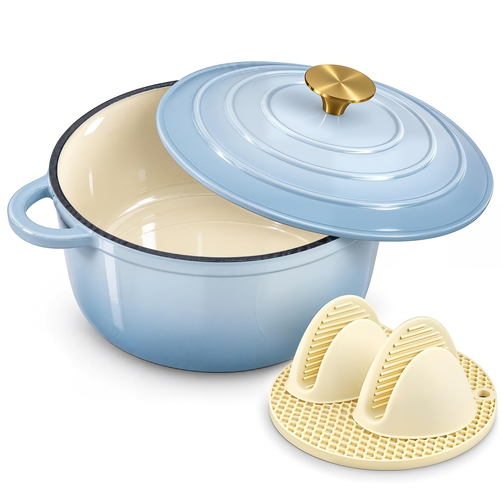 Nilpferd Gusseisen Topf Schmortopf Emaille Bräter, Puderblau, 24cm/4L