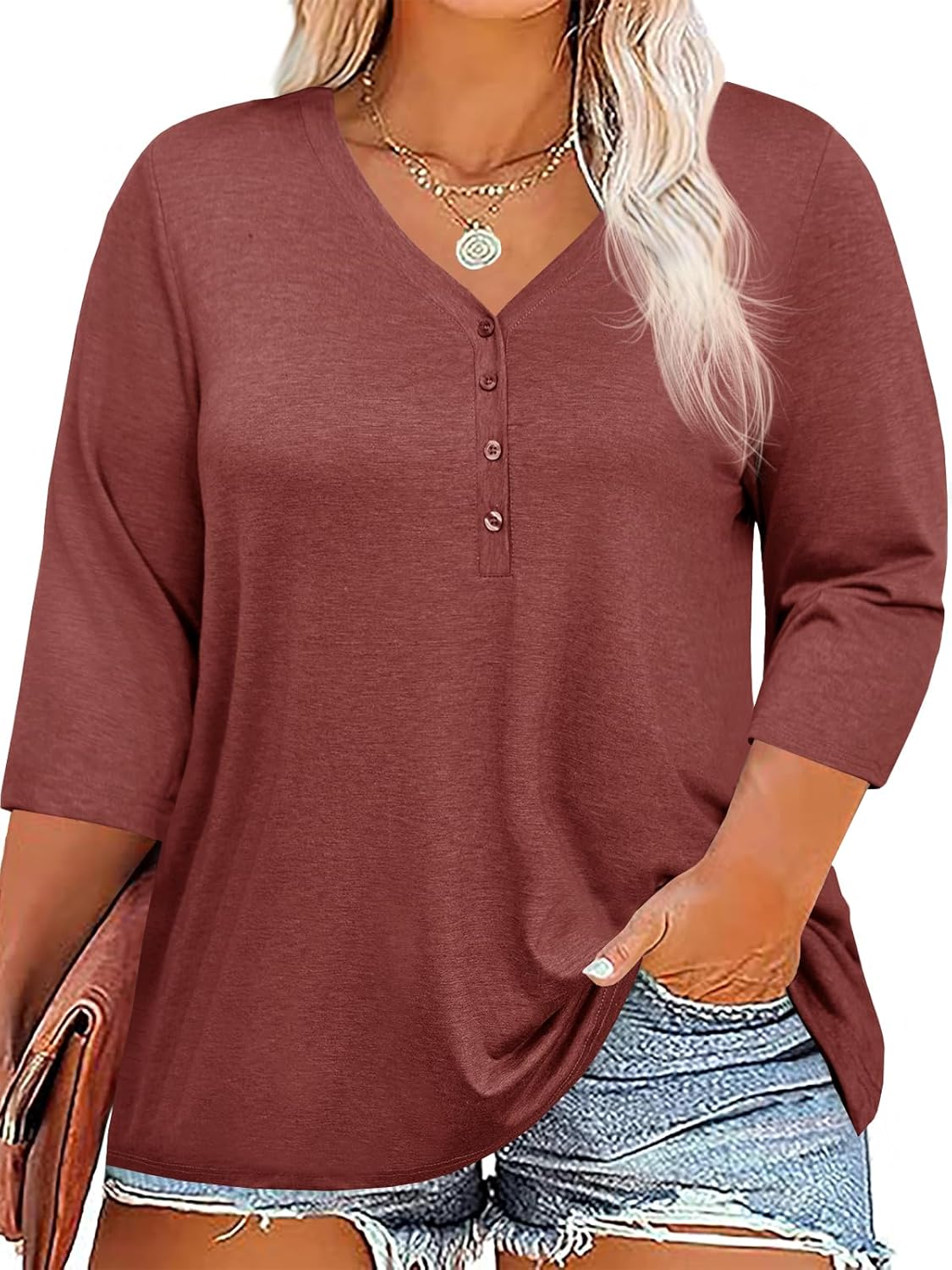 Tankaneo Women Plus Size Tops V Neck 3/4 Sleeve Casual T Shirts Loose Basic Tunic Tees