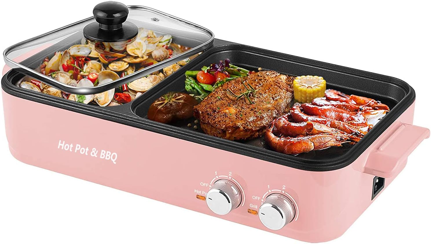 Indoor Grill Smokeless Grill with Hot Pot,1200W 2in1 Indoor Korean BBQ Electric Tabletop Grill with Independent Dual Temperature Control & Thermal Protection,Capacity for 3-4 People (Pink)