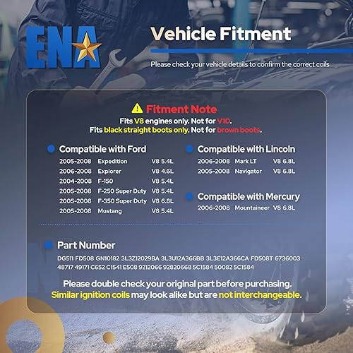 Miniatura 3 de ENA Juego de 8 bobinas de encendido de arranque recto compatibles con Ford Lincoln Expedition Explorer F-150 Super Duty Mustang Mountaineer 4.6l