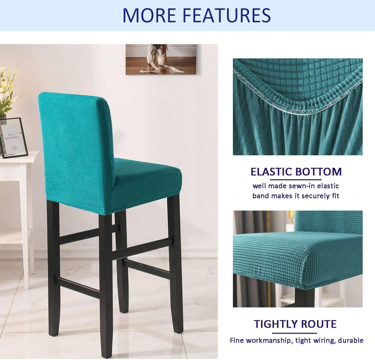 Bar Stool Covers, Plaid Furniture Chair Seat Cover Stretch Barstool Slipcover Dining Chair Covers Machine Washable for Living Room-Teal-Set of 2