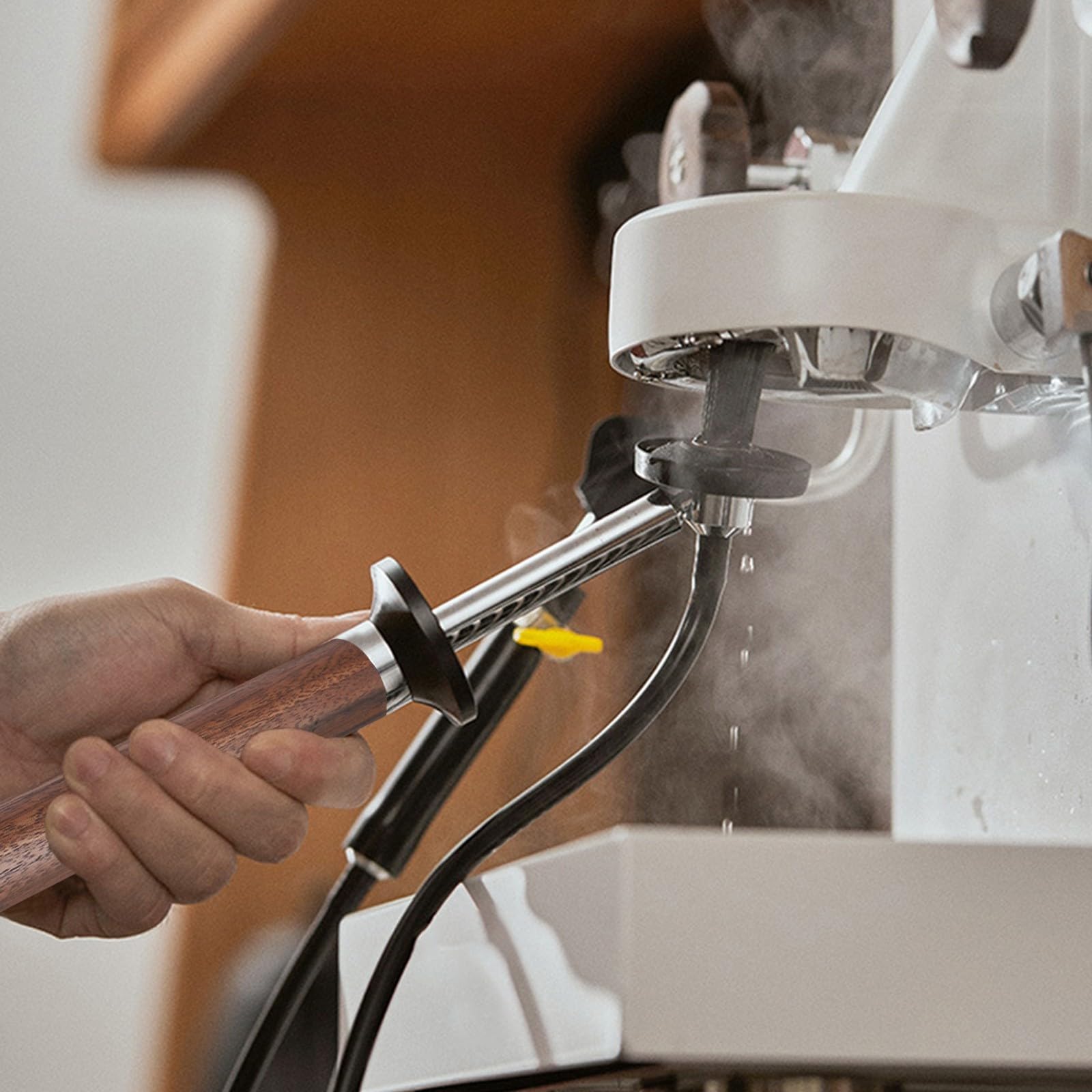 Cepillo de limpieza a vapor para máquina de café con mango de madera maciza, cepillos de vapor de alta presión, herramienta de lavado y cabezales de enjuague, accesorios de lavado de café para