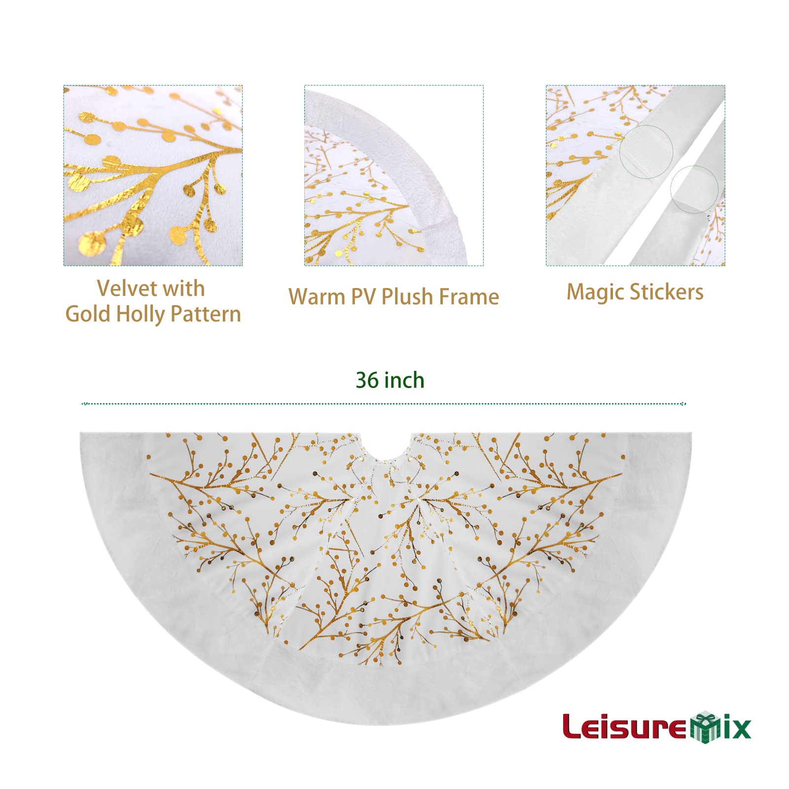 Leisuremix Christmas Tree Skirt 90cm / 36 Inch Gold White Xmas Tree Skirts for Christmas Party Home Decor Soft Velvet Tree Skirt - Image 2