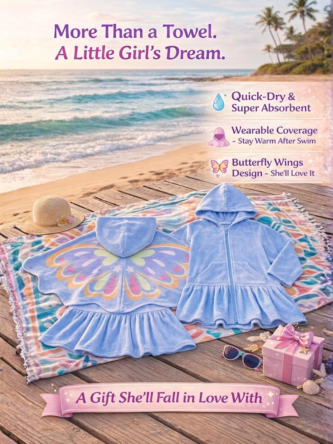 Girls' Butterfly Swim Cover Up Hooded Terry Zip-Up Bathing Towel Suit Wrap with Pockets for Toddlers & Kids image 4