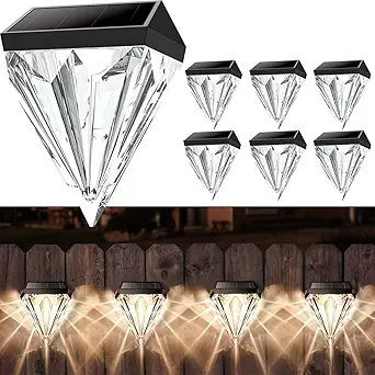 Qualdout Solar Fence Lights Diamond, 6 Pack Deck Lights Outdoor Waterproof Step Lights Solar Powered for Garden Yard Patio Stair, Wall Mount (Warm White)