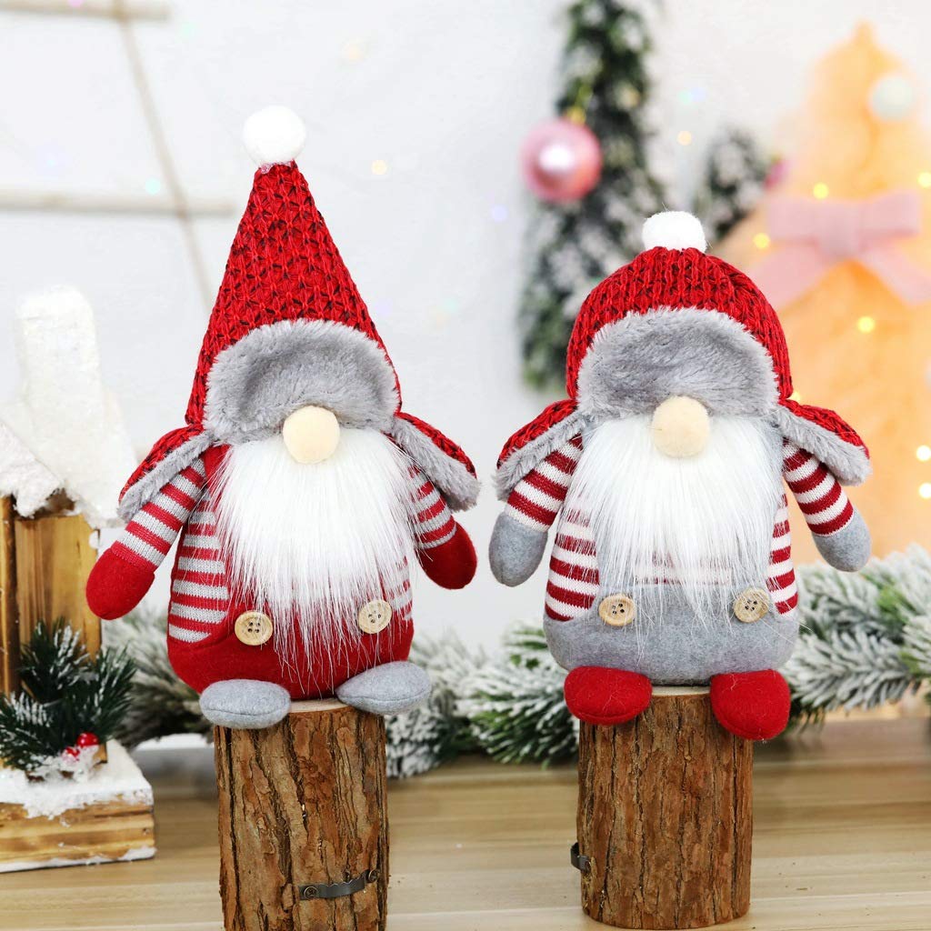 2PCS Handmade Swedish Christmas Gnome Tomte Swedish Santa Plush Elf Toy Sitting Short-Legged for Christmas Tree Decoration Birthday Gift Table Ornament Home Decor